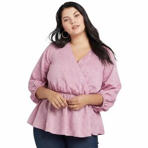 Lane Bryant Linen Blend Crossover Peplum Top Pink 22‎ W